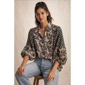 Free People Blouse Womens L Large Patchwork Mixed Print Button Up Boho Shirt